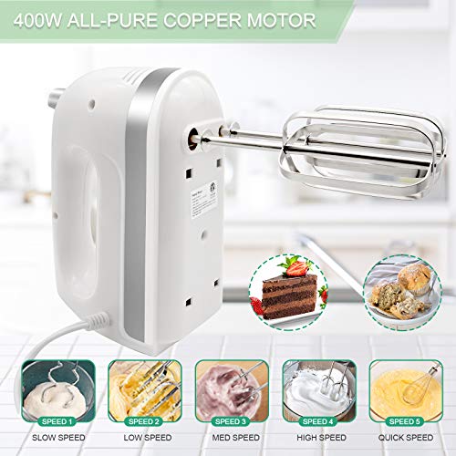 Nrtson Hand Mixer Electric, Handheld Kitchen Mixers with 5 Stainless Steel Attachments, 5-Speed Max 400W Powerful Turbo for Baking Cake Egg Cream Food Beater - Thumbnail 3