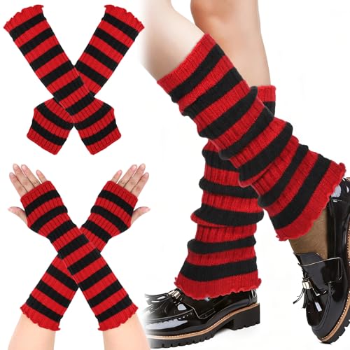 Tucnoeu Red-Black Stripe Knit Arm Warmers Striped Leg Warmers Y2k, Striped Arm Warmers Punk Gothic Alt Emo Scene Cool Winter Arm Sleeves Grunge Accessories