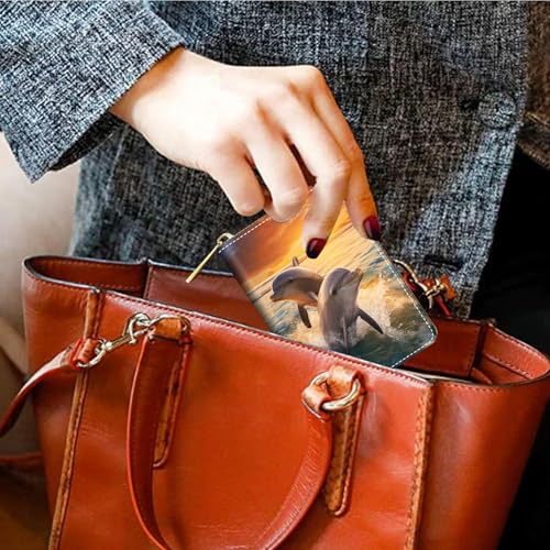 Credit Card Holder Wallets for Women, Slim Leather Card Holder Wallet, Credit Card Wallet Organizer, Pocket Business Card Case with Zipper, Dolphins At Sunset 6
