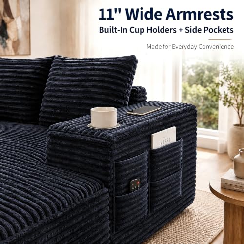 Image of 122 inch Oversized Cloud Sectional Couch for Living Room, 7 Seater U Shaped Sofa Modular Boneless Couch with Chaise | Deep Seater | Cup Holder | Side Pocket | No Assembly | Plus Corduroy, Dark Gray