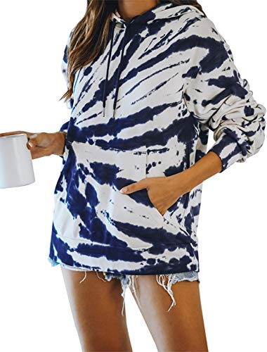 Trendy Queen Women's Tie-Dye Printed Hoodies Long Sleeve Sweatshirts Casual Drawstring Loose Pullover Tops with Pocket Navy Blue