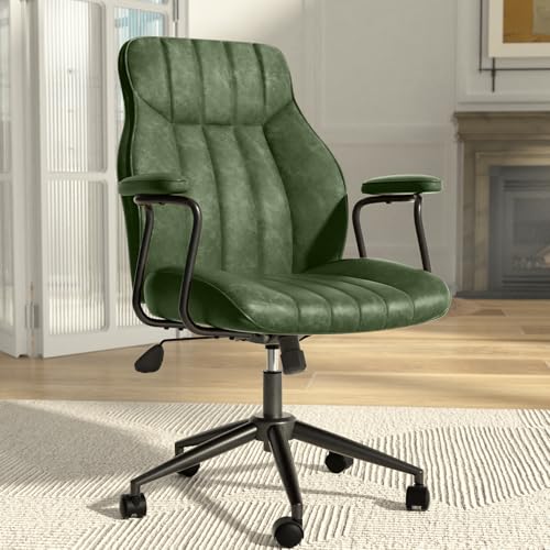 Bananister Green Leather Office Desk Chair with Wheels and Arms, Height Adjustable, Vintage, Mid Century Modern Style