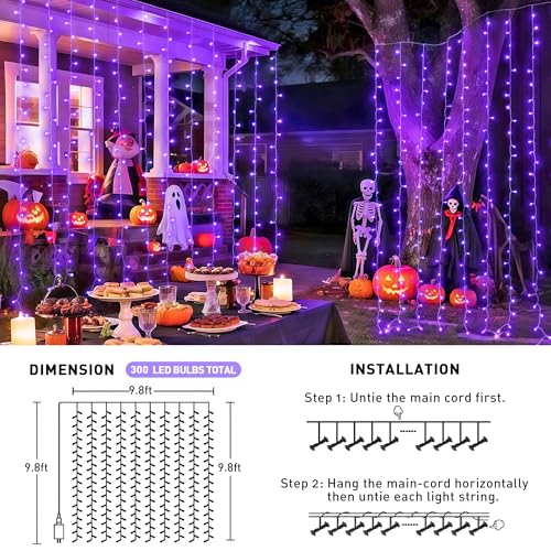 Image of JMEXSUSS 300LED Purple Halloween Lights, 9.8x9.8ft Curtain Lights Plug in | With Remote, 8 Modes, Hanging String Lights for Indoor, Outdoor, Bedroom, Window, Party, Backdrop, Xmas, Halloween Decoration