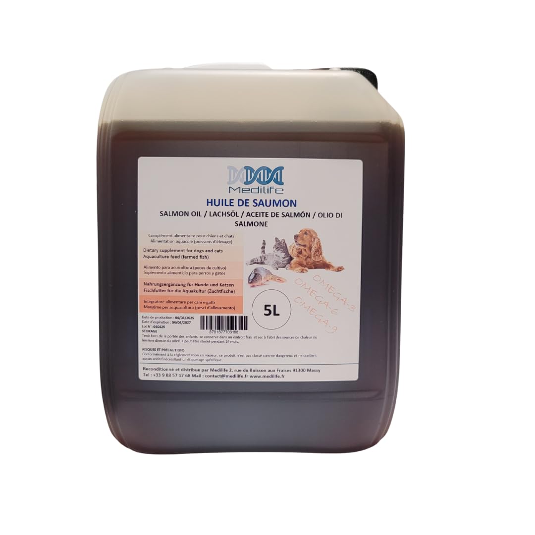5L Huile de Saumon 100% Naturelle pour Chiens, Chats et Chevaux, Riche en Oméga 3-6-9 et Vitamines