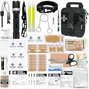 RHINO RESCUE Small First Aid Kit with Survival Tools, HSA/FSA Eligible, Emergency Care Bag for Car Camping Backpacking Hiking Hunting Black