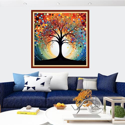 Image of Findvoor Stamped Cross Stitch Kits for Beginners Full Range of Cross Stitching Embroidery Pattern for Adults, 11CT DIY Needlepoint Embroidery Starter Kits-Colorful Moon Tree 17.7x17.7 inch