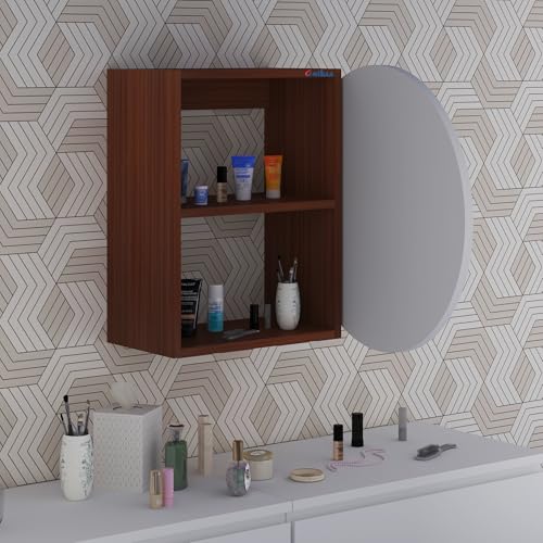 Image of Anikaa Eilish Mirror Cabinet | Wall-Mounted Round Mirror with Hidden Storage | Ideal for Bedroom, Bathroom & Entryway | Walnut /White(20x20x17 Inches)