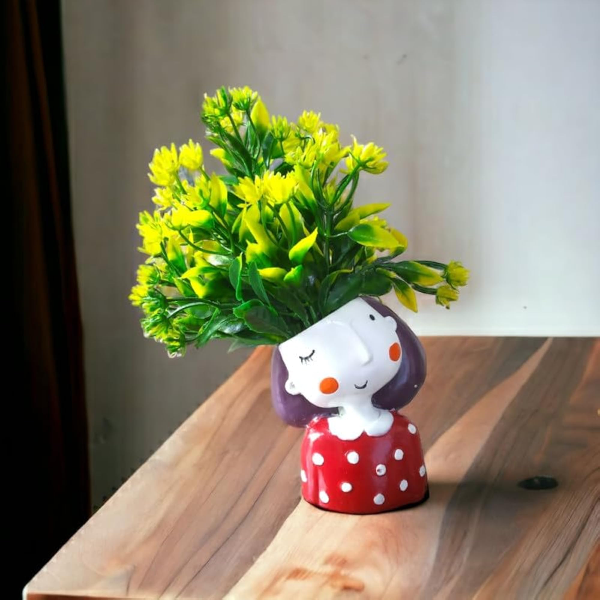Red Thinking Girl Pot with Green Leaf Flare, Artificial Plant