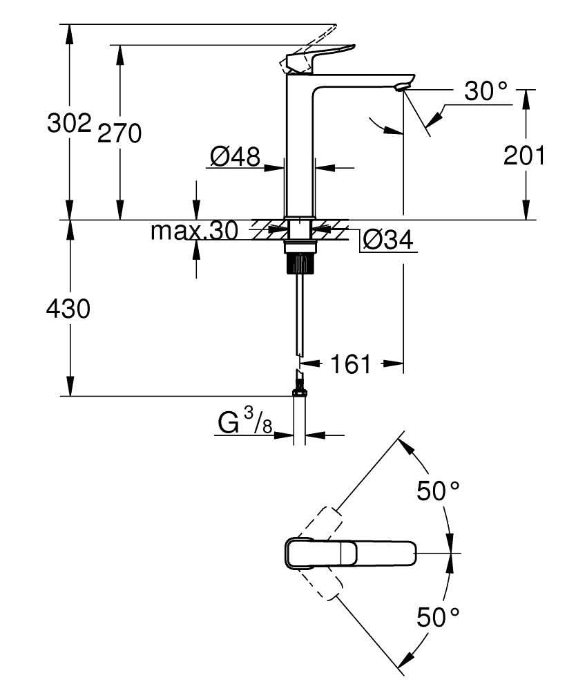 GROHE Bateria umywalkowa z gładkim korpusem do wolnostojących umywalek (rozmiar XL, 270 mm, wkład ceramiczny 28 mm, oszczędność wody, ogony, 8 cm, łatwy montaż za pomocą dołączonego QuickTool), chrom