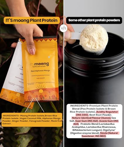 Image of It's Moong Mung Bean & Brown Rice Isolate Plant Protein Powder for Men & Women| 24gms per serve 4.7gms BCAA| Real Alphonso Mango | 500gms | Sprouted Plant based protein| All essential Amino Acids
