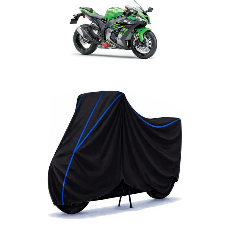 Image of Ninja ZX-10R Bike Cover Water Resistant Universal Motorcycle Rain | Heavy Duty UV Protection, Dust, Scratch Indoor Outdoor All Weather with Black Blue Piping Elastic