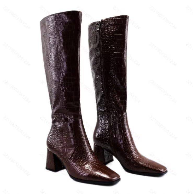 Womens Wide Calf Knee High Boots with Chunky Heel and Side Zip