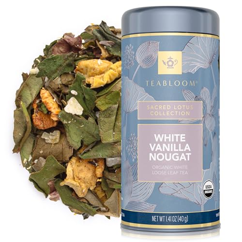Teabloom Organic White Tea, White Vanilla Nougat Loose Leaf Tea, Sweet and Satisfying with Vanilla and Coconut, USDA Certified Organic and Kosher Certified, 1.41 oz/40 g Canister Makes 35-50 Cups