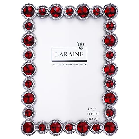 LARAINE Picture Photo Frame 4x6 Rhinestones Metal High Definition Glass Display Pictures for Tabletop Crystal Home Decorative Holiday Gift (Red, 4x6) Cover