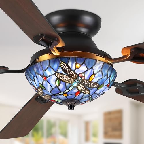 Fanbulous 52 Inch Tiffany Stained Glass Ceiling Fan Stepless Color 24W LED Dimmable Remote & APP Control Quiet DC Motor Vintage Flush Mount Ceiling Fan 5 Dual-Finish Blades for Bedroom