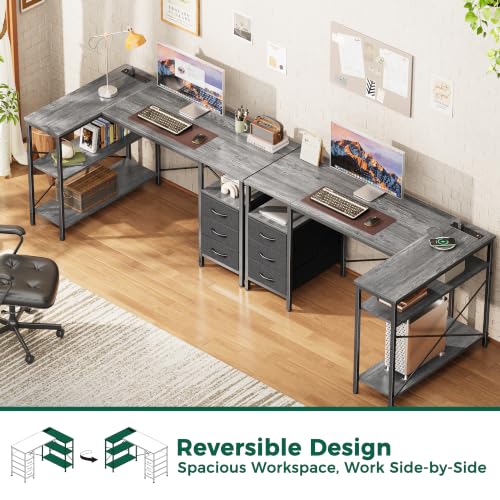 Image of Huuger L Shaped Office Desk with Power Outlets & 3 Drawers | 47 Inch Computer Desk with Shelves, for Gaming, Corner Work, Home Office, Study, Grey