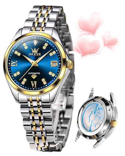 OLEVS Automatic Watches for Women Premium Diamond Dress Self Winding Ladies Watch Waterproof Day Date Two Tone Wrist Watch