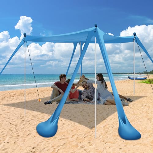 Beach Canopy Tent Sun Shade with 6 Sandbags, Beach Tent Sun Shelter UPF 50+ UV Protection, Poles and Ground Pegs and Anti-Wind Ropes for Outdoor, Camping, Backyard and Picnics