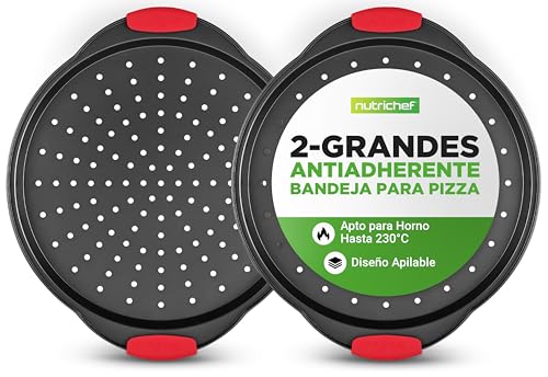NutriChef Bandejas para pizza, Set de 2, 13”, Mango de silicona, Redonda antiadherente, Acero con agujeros perforados