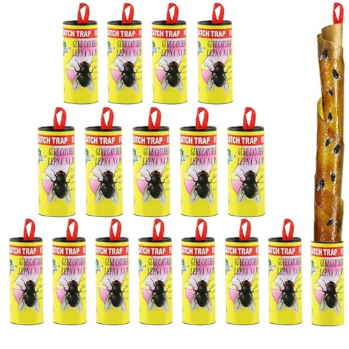 16Piezas Tiras de Papel para Moscas, trampas Adhesivas para Moscas, Cintas para trampas para Moscas para Interiores y Exteriores, Tiras atrapa Moscas y Mosquitos para Interior y Exterior