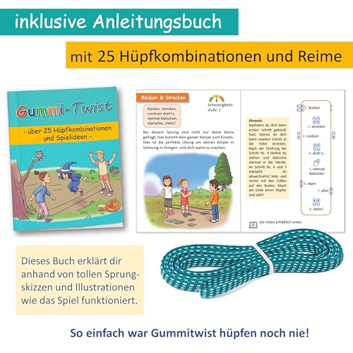 GLÜCKSWOLKE Gummitwist + Buch mit 25 Spiele - Indoor & Outdoor Spielzeug für Kinder ab 6, 7, 8, 9, 10 Jahre I Gummi Twist - Kinderspiele für Einschulung in Schultüte I Geschenke für Mädchen & Junge