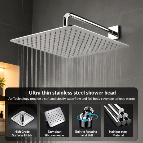 Image of Plantex Stainless Steel 12 Inch Rain Flow Overhead Shower with Water Saving Nozzle /Bathroom Shower /Adjustable Shower Head for Bathroom without Arm - (APS-617-Chrome)