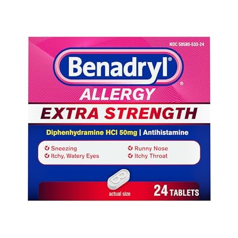 Benadryl Extra Strength Antihistamine Allergy Relief Medicine, 50 mg Diphenhydramine HCl Tablets for Relief of Allergy Symptoms Due to Hay Fever or Other Upper Respiratory Allergies, 24 ct Cover