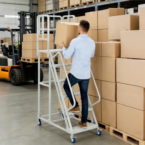 Image of 6-Step 24''Wx90''H Rolling Ladder with Dual Handrails, Lockable Wheels,1200LBS Capacity Industrial Warehouse Rolling Stairs, Heavy Duty Mobile Platform Ladder for Warehouse, Supermarket, Garage