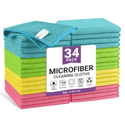 Image of 34 Pack Microfiber Cleaning Cloth, 4 Assorted Colors Cleaning Rags for Housekeeping, Colorful Reusable Microfiber Towels for Car, Kitchen, Bathroom and Household Cleaning Supplies, 11.8 inchX11.8 inch