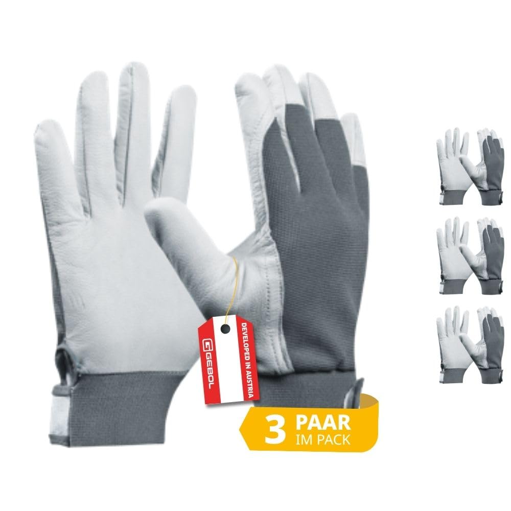 Gebol Uni Fit Comfort Lot de 3 paires de gants de travail en cuir de qualité supérieure pour homme, pour la construction, la mécanique et le jardin, taille élastique et fermeture , gants de sécurité