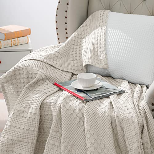 Phf 100% Cotton Waffle Weave Blanket Twin Size - Washed Soft Lightweight Blanket For All Season - Breathable And Skin-Friendly Blanket For Couch Bed Sofa 66"X90"-Light Khaki/Linen #TOP2
