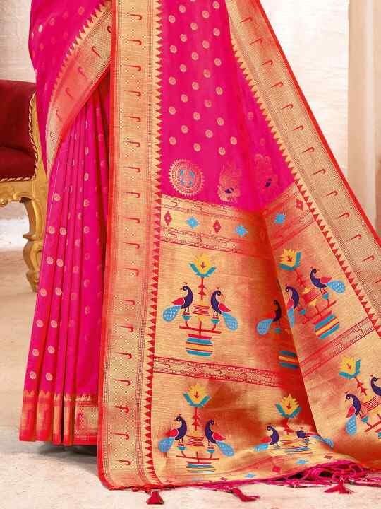 Shiv Textiles Women's Silk Woven Design With Zari Bordr Paithani Saree(AUS-BWKVT1001-PINK) 2