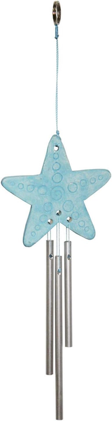 Beachcombers Ceramic Starfish Wind Chime Coconut Top and Burnt Tropical Flower Design Bamboo Pieces Coastal Decor Decoration Blue