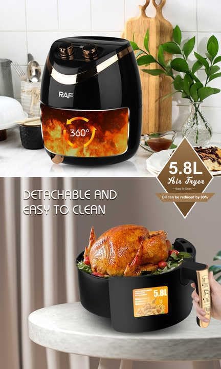 RAF Air Fryer R.5232B in a kitchen setting, highlighting 360-degree air circulation and detachable components.