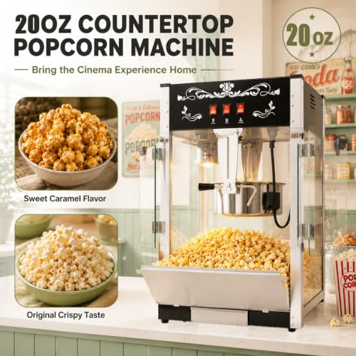 Image of Commercial Popcorn Machine With 20 OZ Kettle for Theater Style, Black | Countertop Popcorn Machine Stainless Steel, 3-Switch Control, for Home, Movie Night, Parties, Office, School, Business