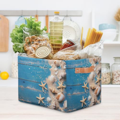 Image of Blue Wooden Board Storage Baskets for Organizing, Fabric Collapsible Storage Bins Box Seashells Decorative Toy Organizer Baskets for Closet Shelves Gift Basket 2Pcs