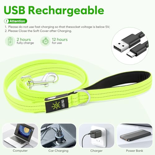 Kpuplol LED-Hundeleine für nächtliche Spaziergänge, wiederaufladbar, wiederaufladbar, reflektierend, leuchtet im Dunkeln, mit gepolstertem Griff, Sicherheits-Leine für kleine, mittelgroße und große