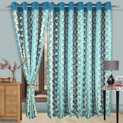 Image of Cortina Polyester Ready to Use Premium Floral Design Eyelet Curtains - 7Ft Set of 1 - Doors & Windows - Washable - for Bedroom Living Room Kids Room Hall Kitchen Office - Sheer Curtains - Blue 2