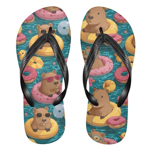 ALAZA Doughnut Capybara Yellow Rubber Duck Flip Flops for Women Fashion Beach Slippers Comfort Mens Flip Flops Non-Slip Rubber Shower Slippers Sandal for Hotel Travel Sport,XS