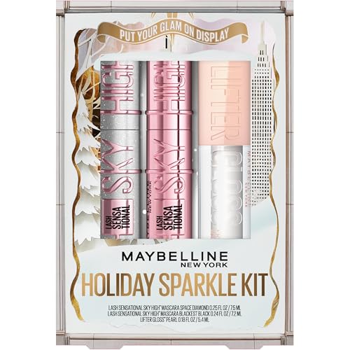 Maybelline Lash Sensational Holiday Makeup Kit, Includes Full-Size Sky High Mascara, Lash Sensational Glitter Mascara and Lifter Gloss, 1 Makeup Gift Set