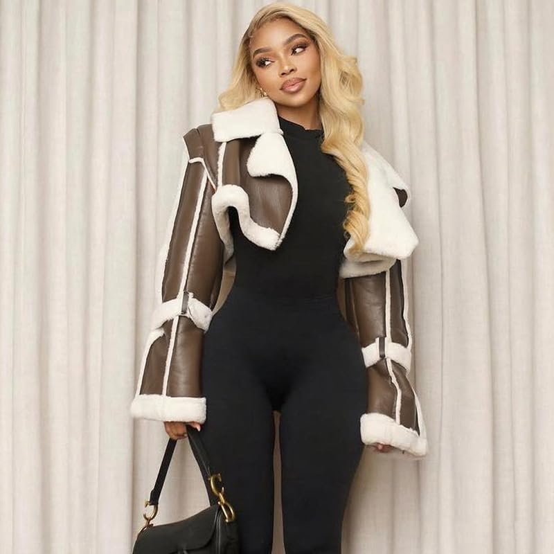 Womens PU Leather Crop Jacket Vintage Large Lapel Patchwork Jacket with fleece Winter Going Out Streetwear3