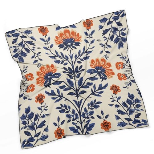 Orange And Navy Blue Floral Pattern Women Hair Scarf Square Silk Like Head Scarves Handkerchief Satin Neck Scarf3