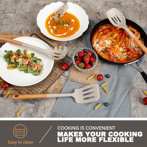 QMVESS Large Silicone Cooking Utensils Set 7 Pcs Heat Resistant Kitchen Utensils Set Food Grade Silicone and Wooden Handles Spatula Soup Ladle Pasta Server Kitchen Scissors BPA Free (Khaki) - Image 5