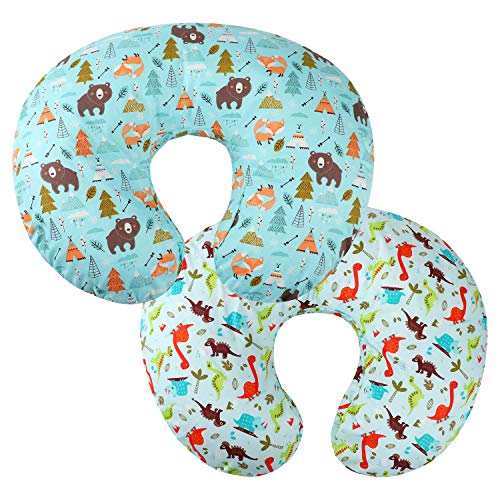 Knlpruhk Nursing Pillow Cover Set 2 Pack 100% Cotton Slipcovers for Breastfeeding Moms Baby Girl Boy Fits On Infant Nursing Pillow Dinosaur and Bear