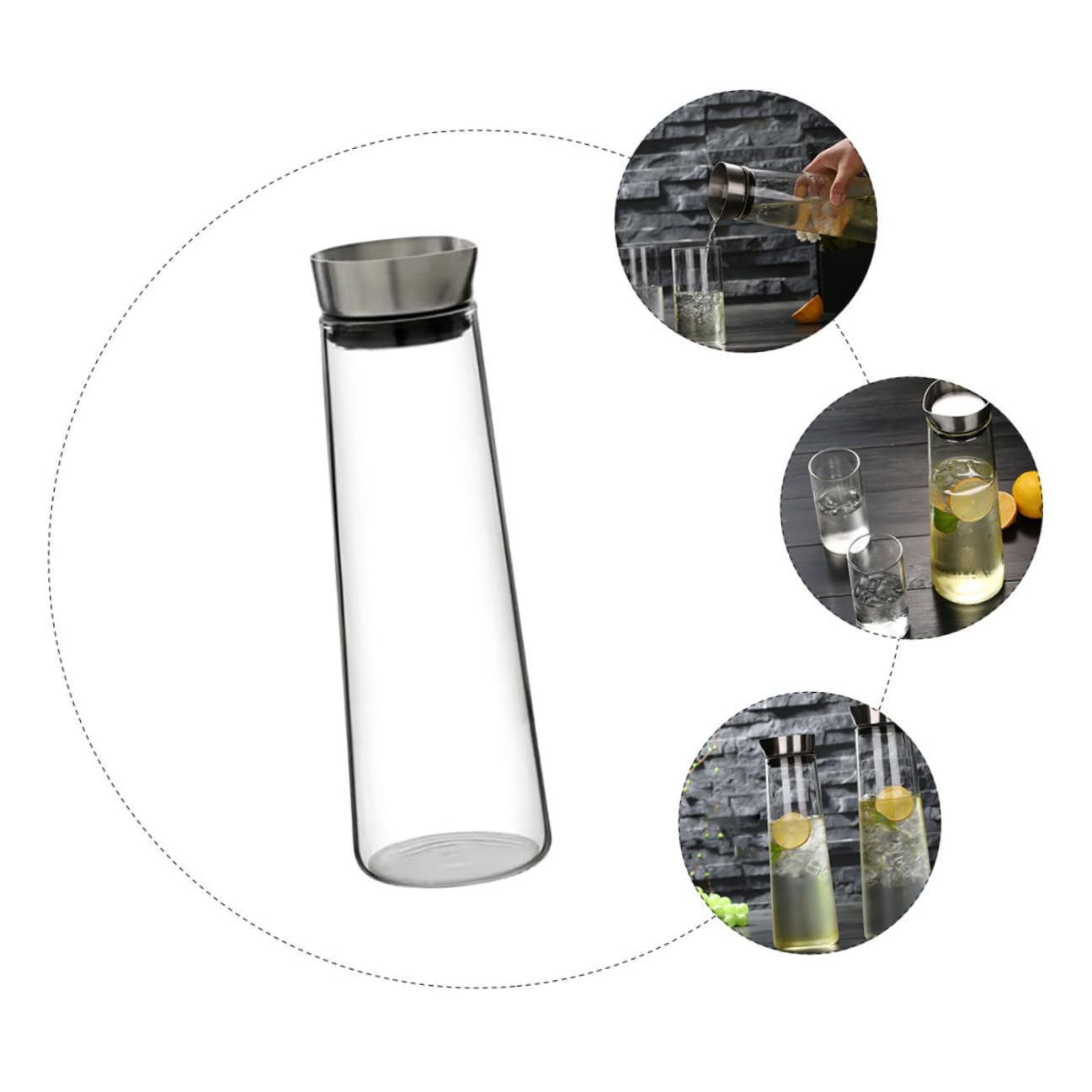 VANZACK Jarra de Agua Fría de Vidrio de Borosilicato 1l Tapa de Acero Inoxidable, Gran Capacidad y Diseño Antigoteo para Uso en Casa y Oficina
