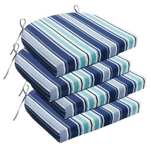 Basic Beyond Outdoor Chair Cushions Set of 4, Outdoor Cushions for Patio Furniture, Water Resistant Patio Chair Cushions with 2 Ties, 17x16x2, Pinstriped Blue