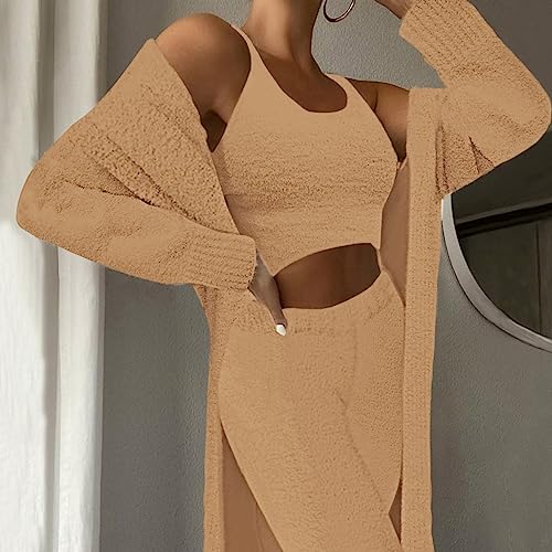 Image of Fixmatti Women's Fuzzy 3 Piece Sweatsuit Open Front Cardigan Crop Tank Tops Wide Legs Pants Lounge Sets