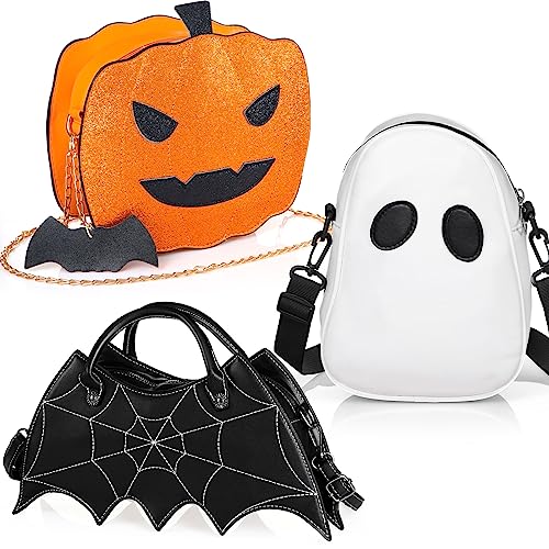 Hillban 3 Pcs Halloween PU Leather Bat Wing Spider Web Shoulder Bag Pumpkin Crossbody Bags Ghost Purse