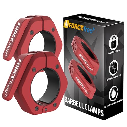 Forcefree+ Barbell Clips (Pair), Barbell Clamps, Quick Release Olympic Barbell Clamps with Anti Slip TPR Grip, Barbell Collars for Secure Weightlifting & Powerlifting (Non Magnetic, Red)