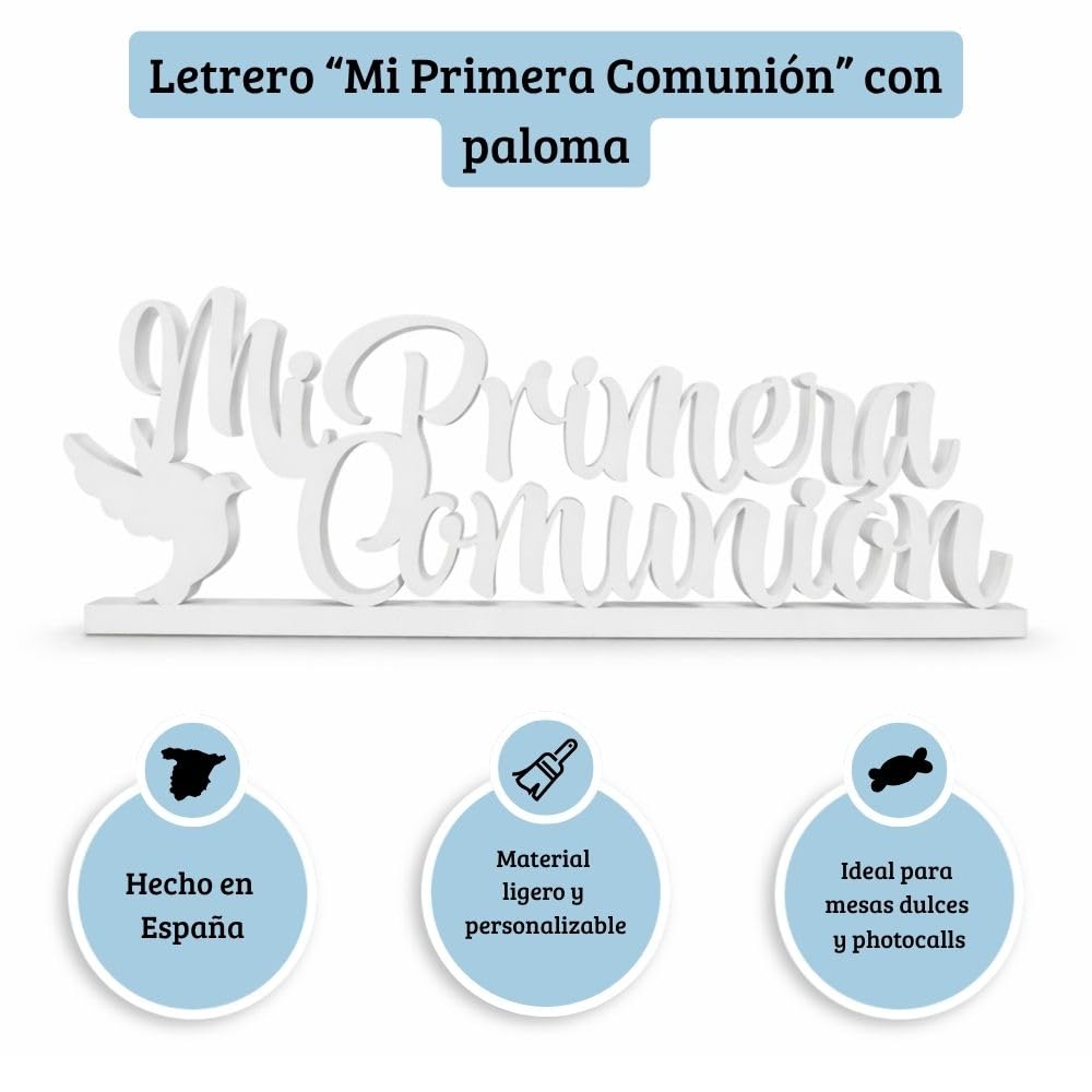 Letrero " Mi Primera Comunion " en poliestireno para Decoración en Mesa Dulce o Candy Bar, photocalls. (Letrero_Paloma, 5cm)